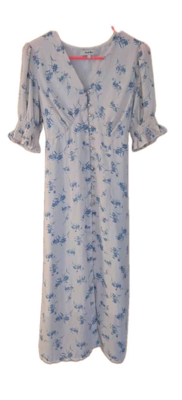 Simple Retro Shirt Dress Womens Medium Floral Chiffon Button Front Belted Long